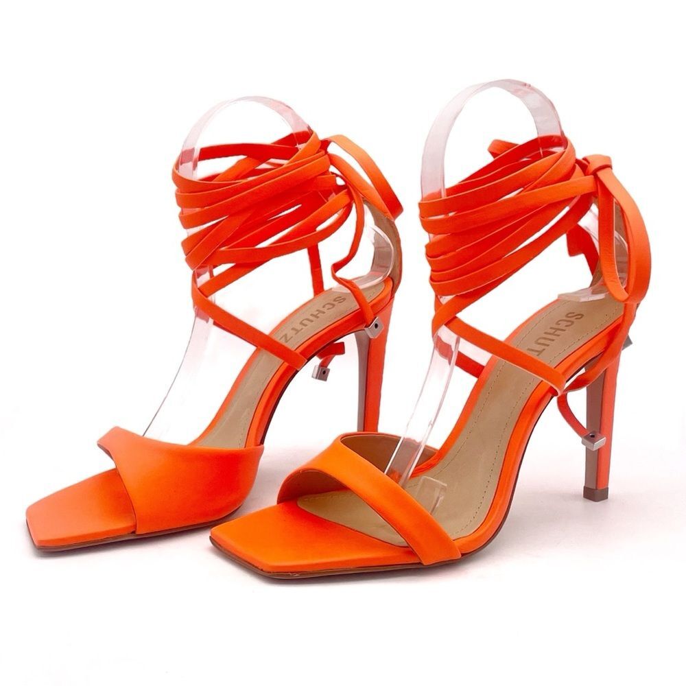 NEW Schutz Bryce Leather Stiletto Sandals Acid Orange Lace-Up Sandals Size 5.5